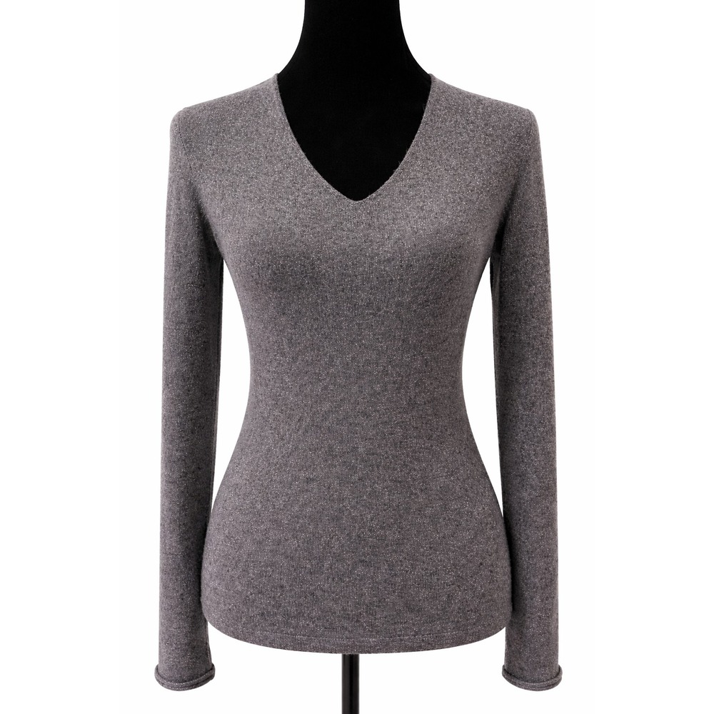 Ann Taylor Womens V-Neck Sweater Medium‎ Gray Silver Metallic Cashmere Blend
